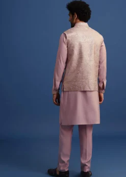 Lilac Embroidered Silk Kurta Jacket Set For Men