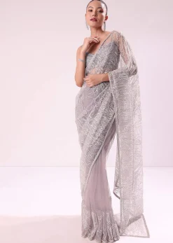 Lilac Fancy Sequence Net Saree With Ruched Stitched