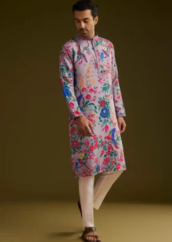 Lilac Floral Printed Silk Kurta Set