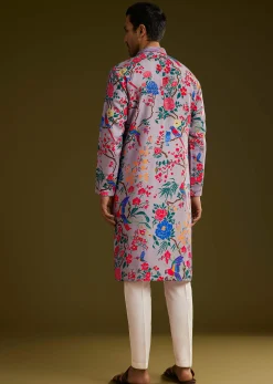 Lilac Floral Printed Silk Kurta Set