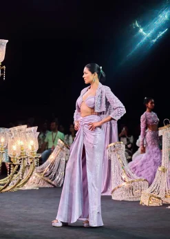 Lilac Foil Print Draped Slit Skirt With Bustier And Short Jacket