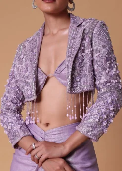 Lilac Foil Print Draped Slit Skirt With Bustier And Short Jacket