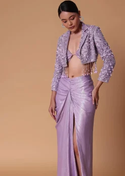 Lilac Foil Print Draped Slit Skirt With Bustier And Short Jacket