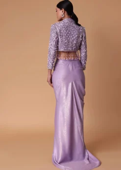 Lilac Foil Print Draped Slit Skirt With Bustier And Short Jacket