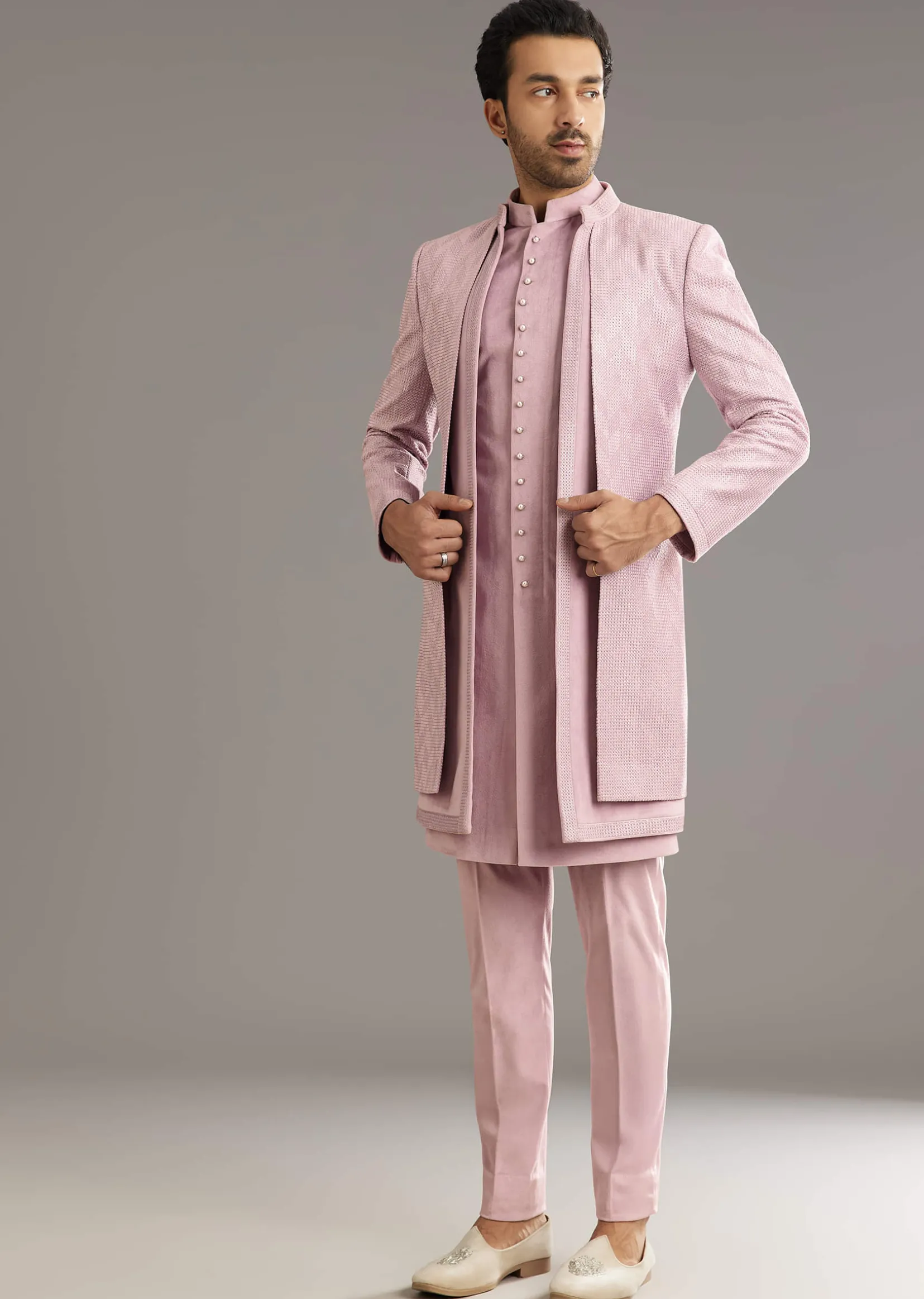 Lilac Indo Western Suit With Self Texture Work