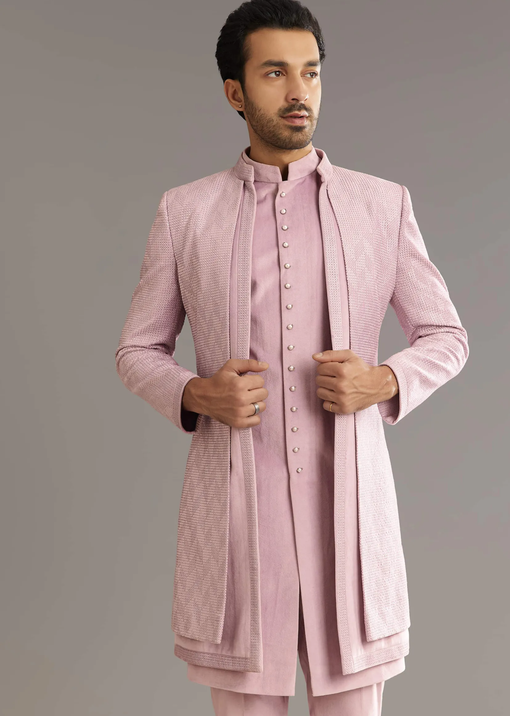 Lilac Indo Western Suit With Self Texture Work