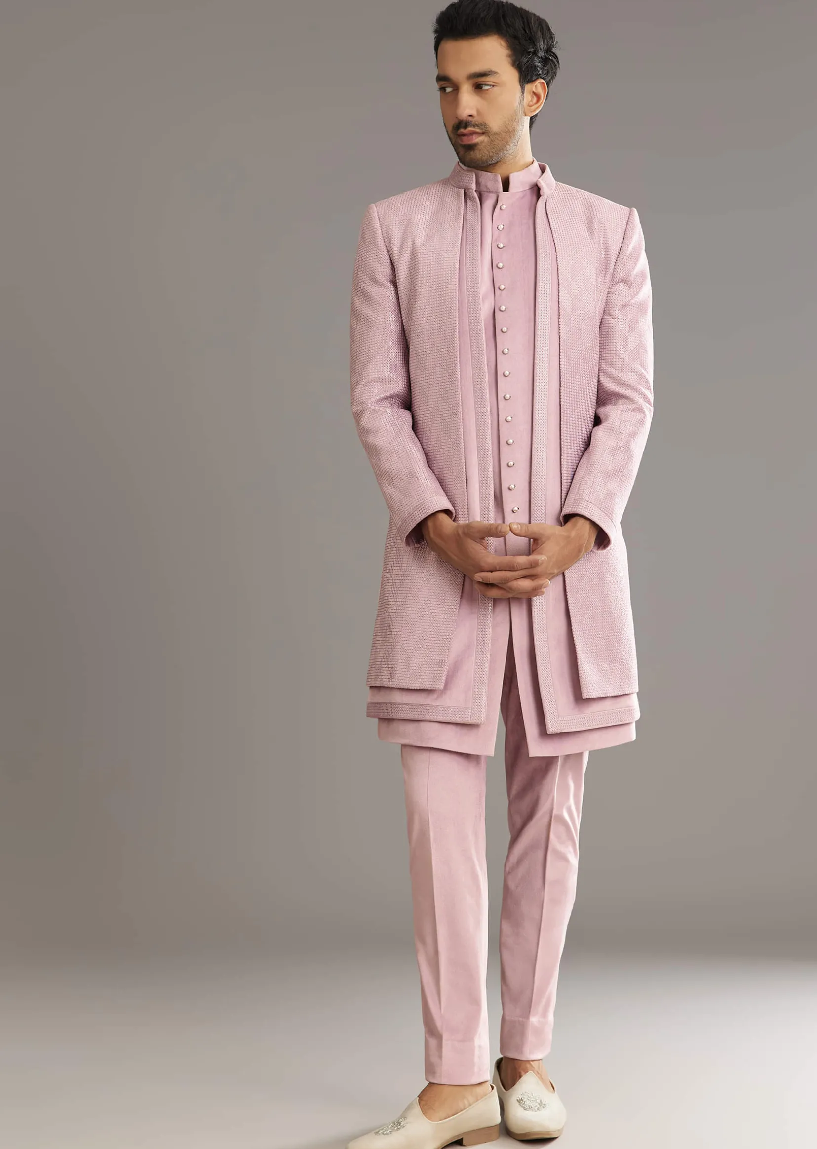 Lilac Indo Western Suit With Self Texture Work