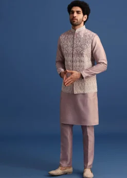 Lilac Kurta Jacket Set With Thread Work For Men