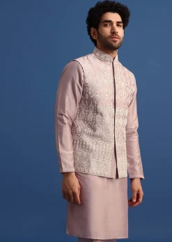 Lilac Kurta Jacket Set With Thread Work For Men