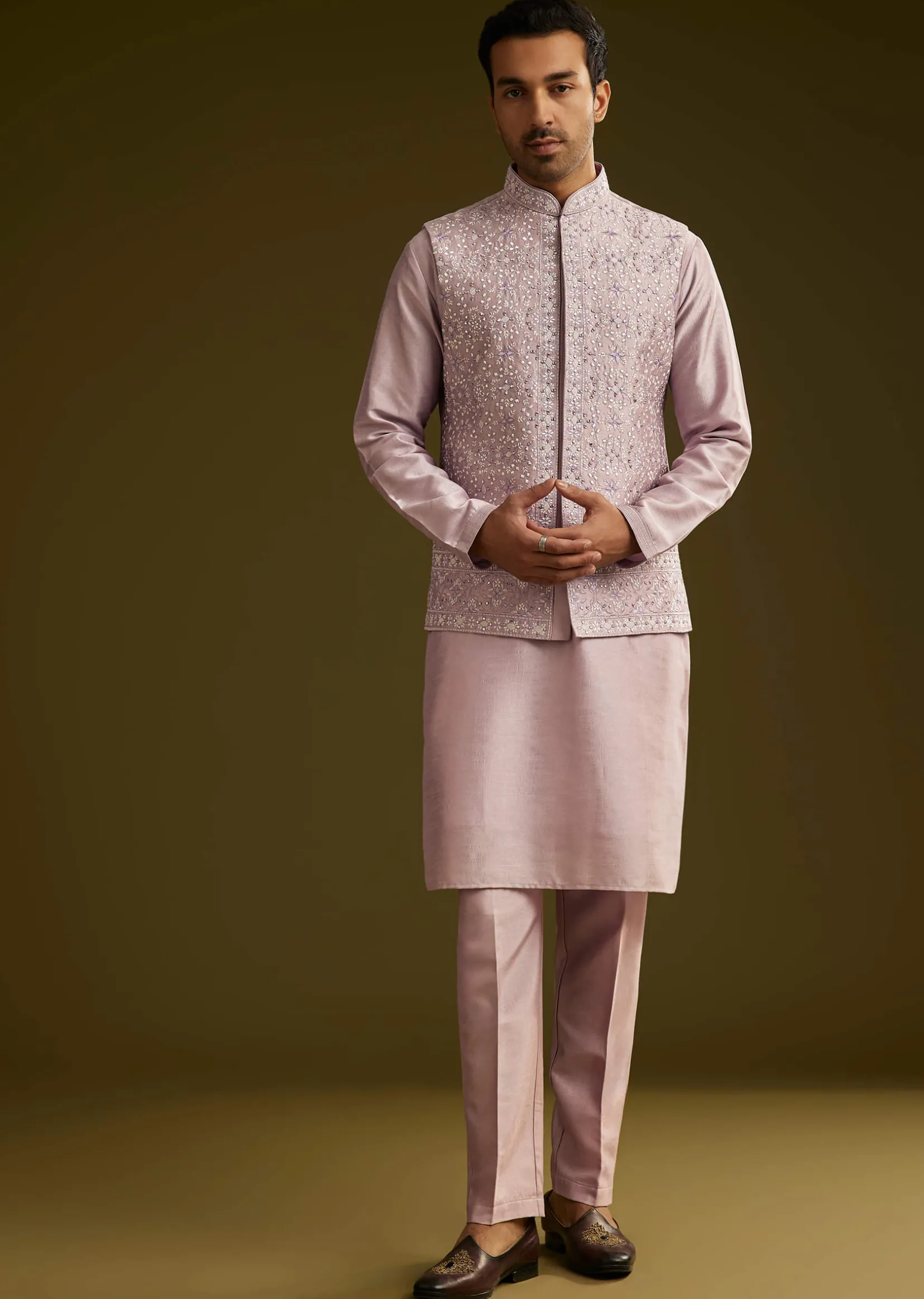 Lilac Kurta Set In Cotton Silk With Mirror Threadwork Jacket