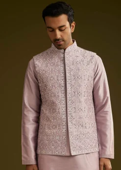 Lilac Kurta Set In Cotton Silk With Mirror Threadwork Jacket