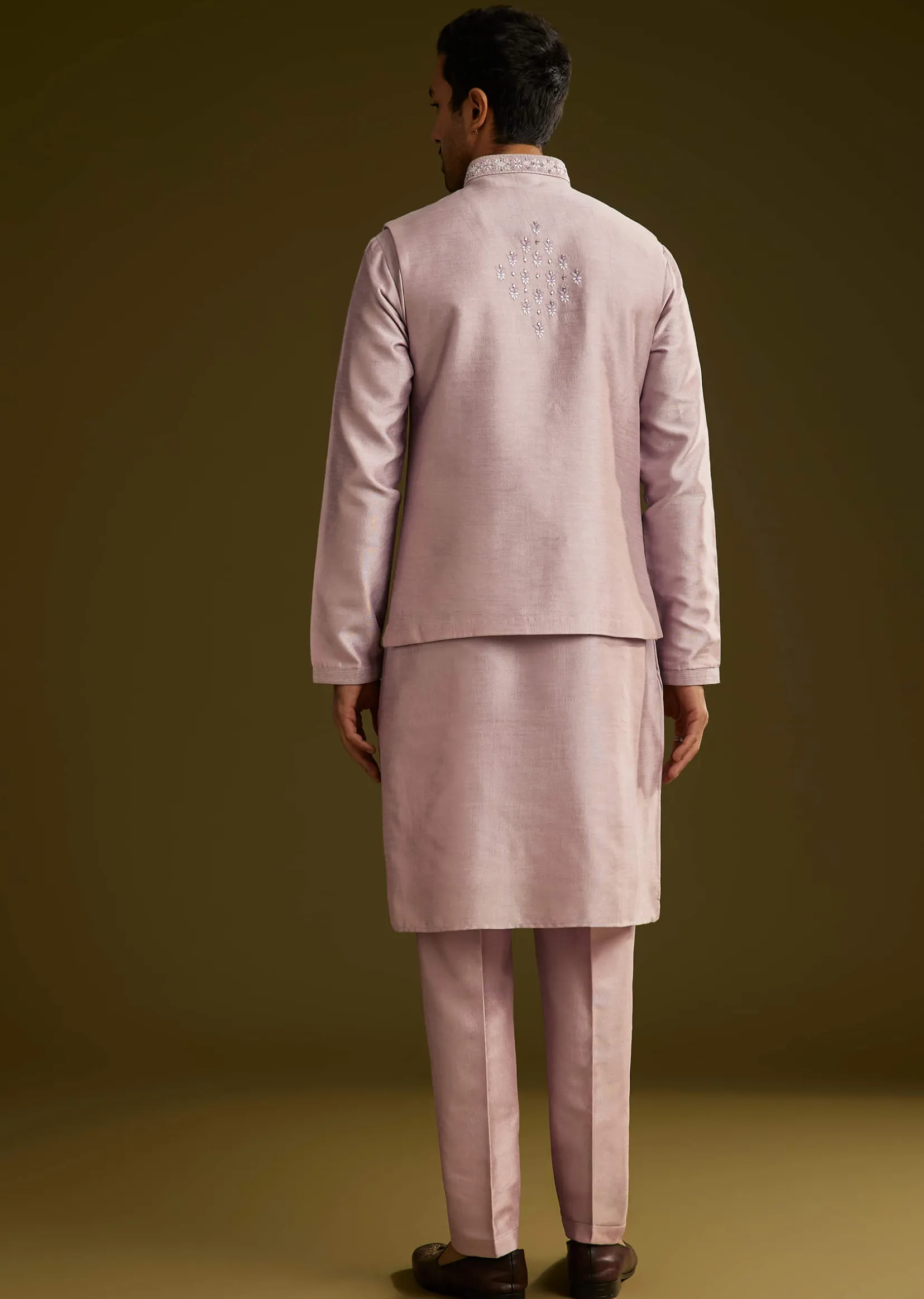 Lilac Kurta Set In Cotton Silk With Mirror Threadwork Jacket