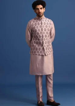 Lilac Kurta Set With Dori And Stone Embroidered Jacket