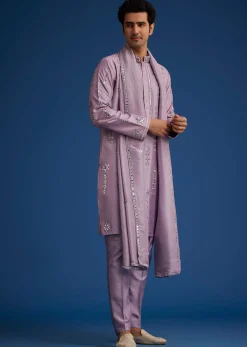 Lilac Kurta Set With Resham Mirror And Zari Embroidery