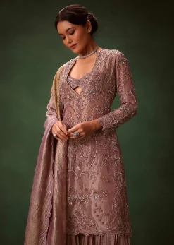 Lilac Platinum Tissue Kurti Set With Hand Embroidered Gharara Pants And Dupatta