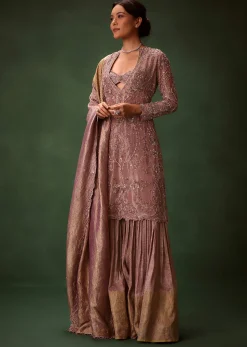 Lilac Platinum Tissue Kurti Set With Hand Embroidered Gharara Pants And Dupatta