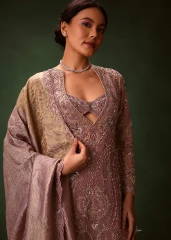 Lilac Platinum Tissue Kurti Set With Hand Embroidered Gharara Pants And Dupatta