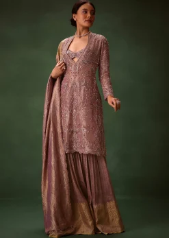 Lilac Platinum Tissue Kurti Set With Hand Embroidered Gharara Pants And Dupatta