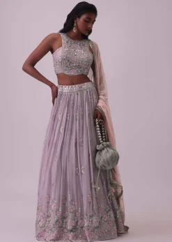 Lilac Purple Embroidered Georgette Lehenga and Silk Blouse Set