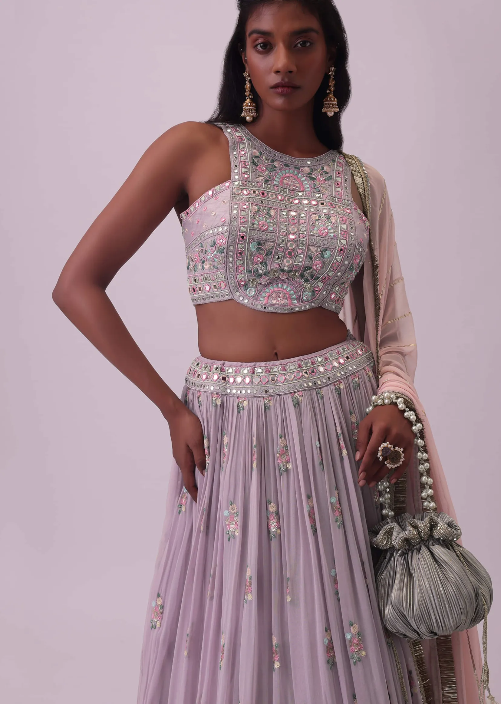 Lilac Purple Embroidered Georgette Lehenga and Silk Blouse Set