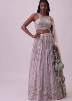 Lilac Purple Embroidered Georgette Lehenga and Silk Blouse Set