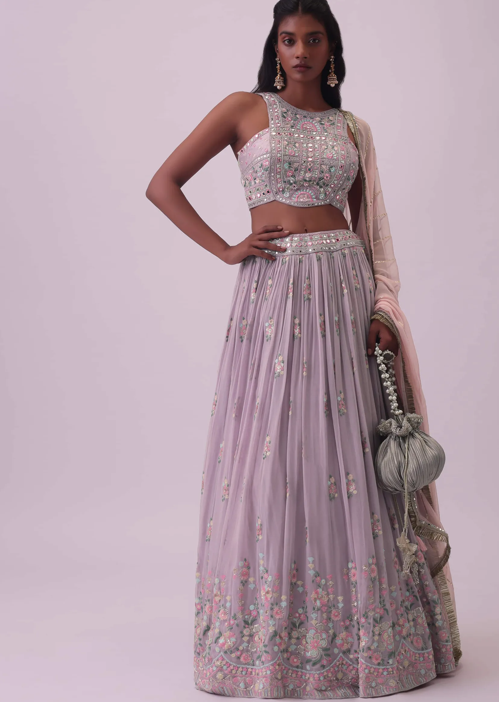 Lilac Purple Embroidered Georgette Lehenga and Silk Blouse Set