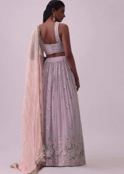 Lilac Purple Embroidered Georgette Lehenga and Silk Blouse Set