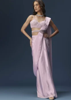 Lilac Ready Pleated Saree With Embellished Blouse And Belt