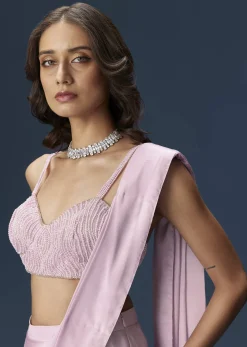 Lilac Ready Pleated Saree With Embellished Blouse And Belt