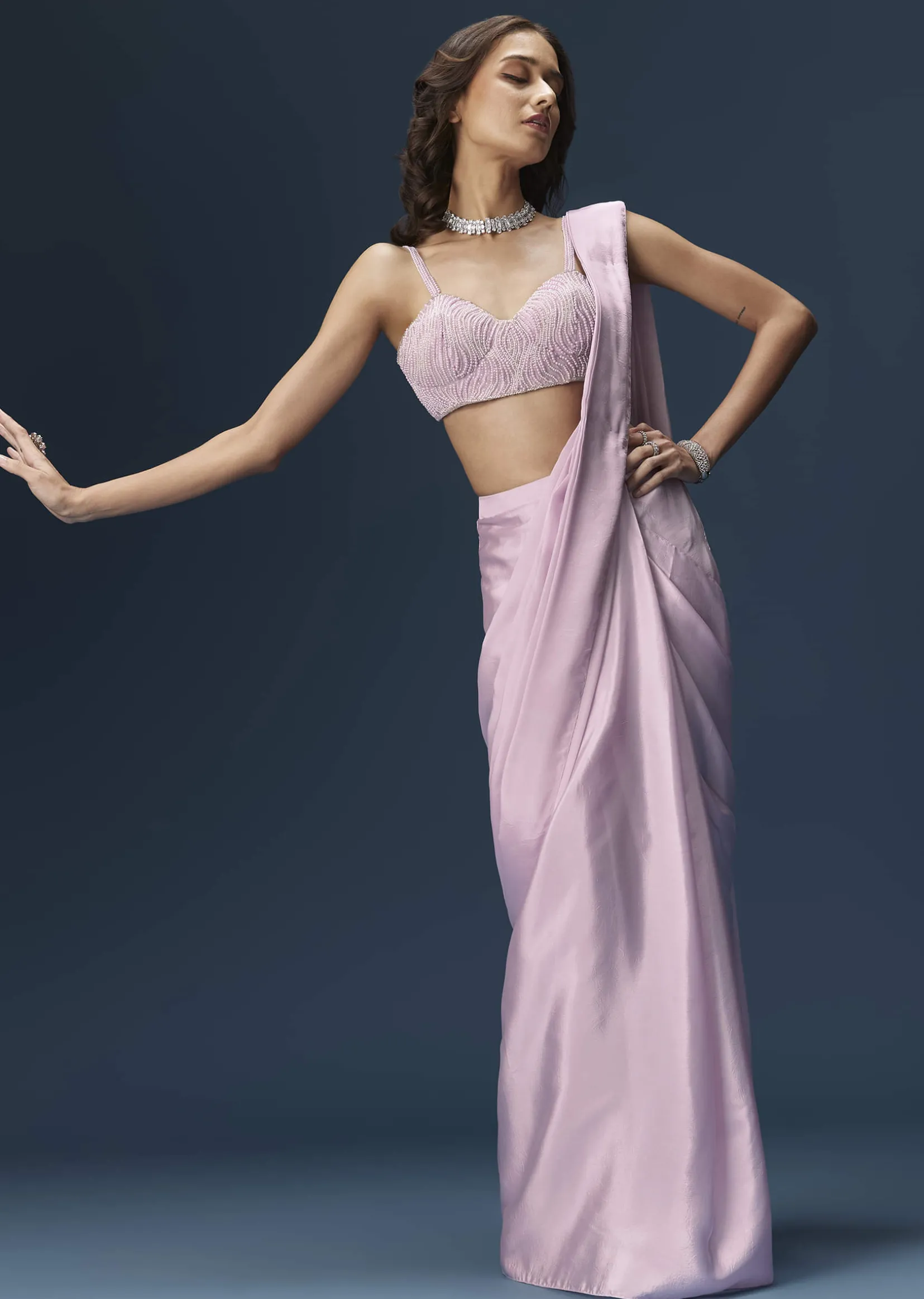 Lilac Ready Pleated Saree With Embellished Blouse And Belt