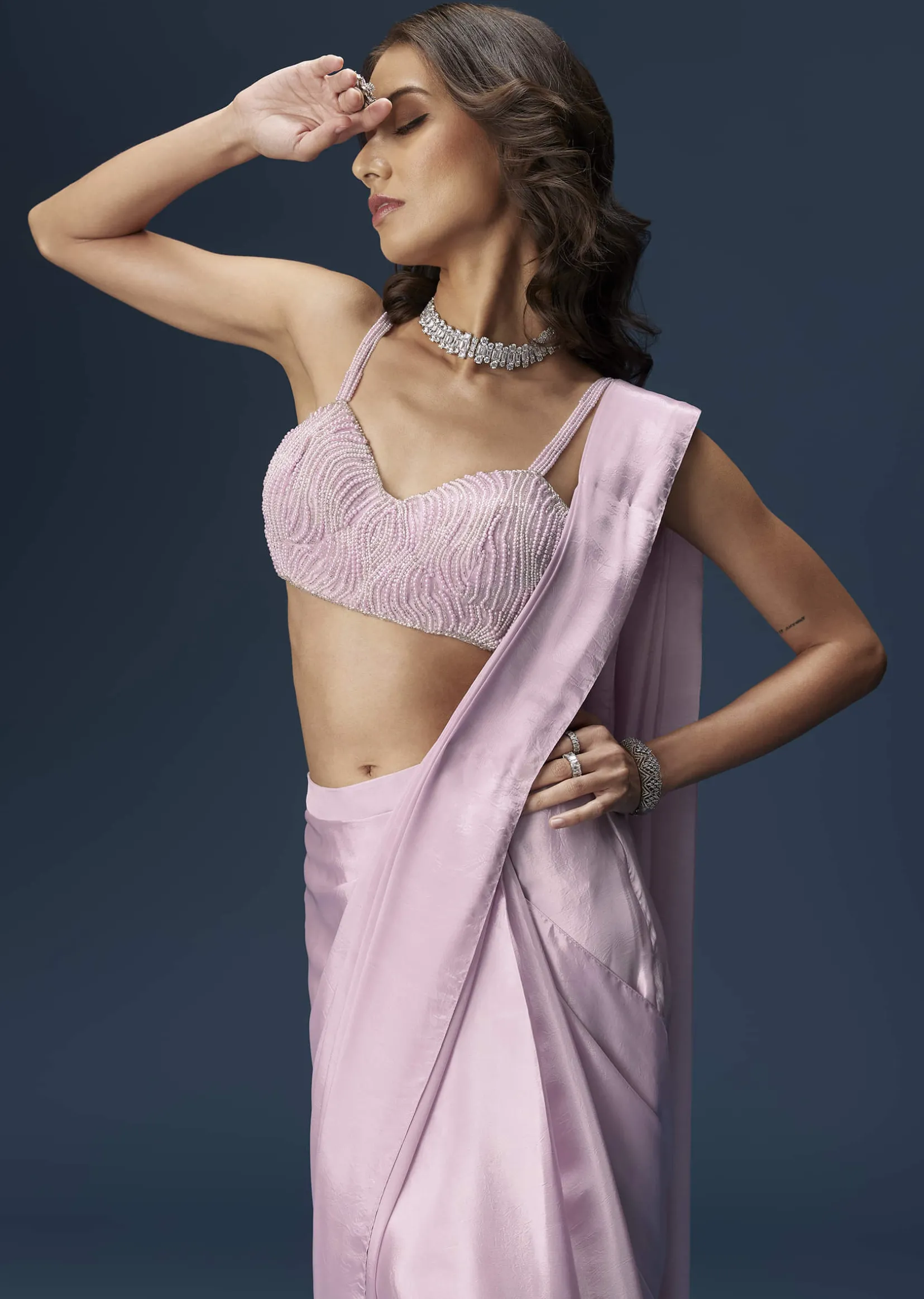 Lilac Ready Pleated Saree With Embellished Blouse And Belt