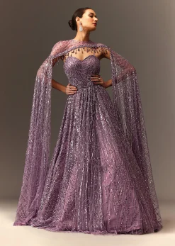 Lilac Sequin Gown With Attached Cheeta Work Cape Sleeves