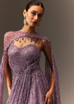 Lilac Sequin Gown With Attached Cheeta Work Cape Sleeves