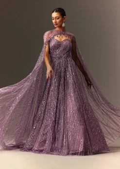 Lilac Sequin Gown With Attached Cheeta Work Cape Sleeves