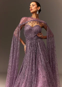Lilac Sequin Gown With Attached Cheeta Work Cape Sleeves