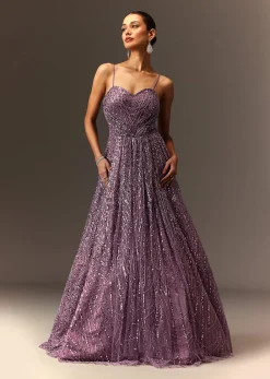 Lilac Sequin Gown With Attached Cheeta Work Cape Sleeves