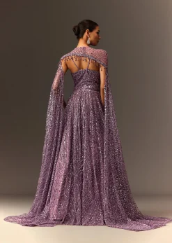 Lilac Sequin Gown With Attached Cheeta Work Cape Sleeves