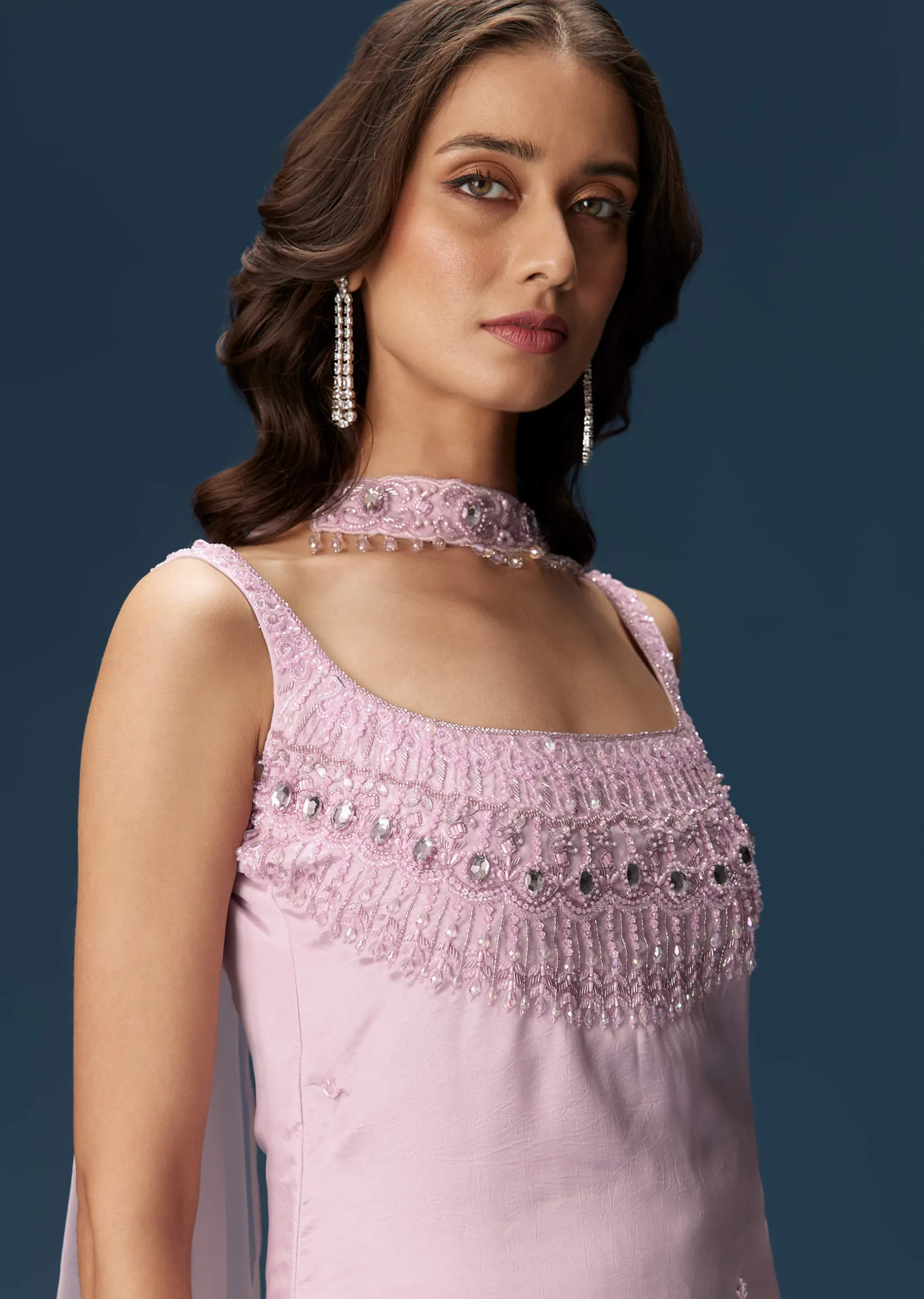 Lilac Sharara Suit With Choker And Ruched Sharara
