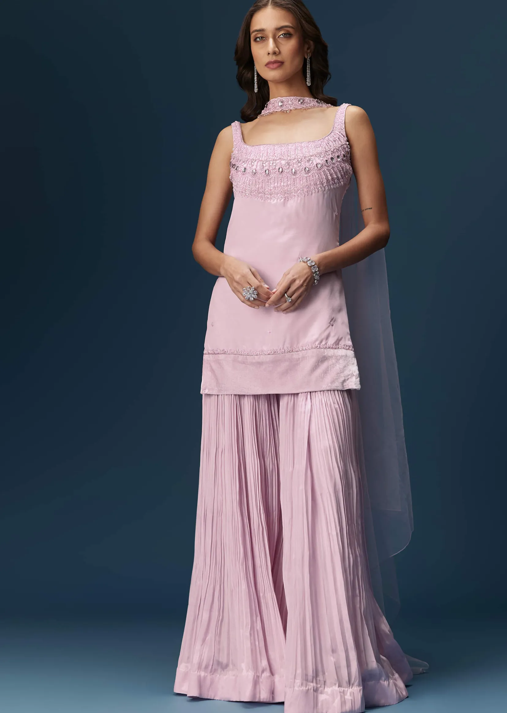 Lilac Sharara Suit With Choker And Ruched Sharara