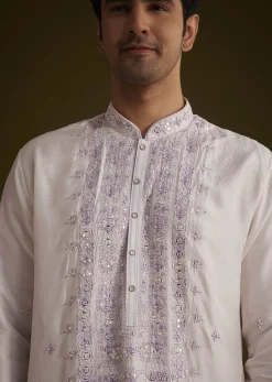 Lilac Silk Kurta Set With Mirror Embellishments