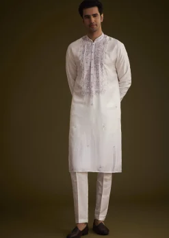 Lilac Silk Kurta Set With Mirror Embellishments