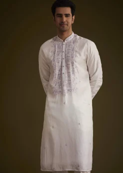 Lilac Silk Kurta Set With Mirror Embellishments