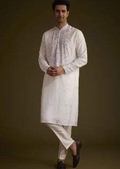 Lilac Silk Kurta Set With Mirror Embellishments