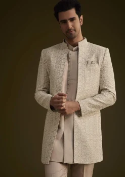 Lilac Silk Open Style Sherwani Set With Resham Thread Work