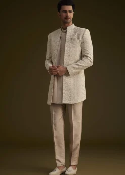 Lilac Silk Open Style Sherwani Set With Resham Thread Work