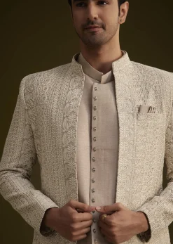 Lilac Silk Open Style Sherwani Set With Resham Thread Work