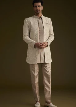 Lilac Silk Open Style Sherwani Set With Resham Thread Work