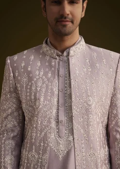 Lilac Silk Sherwani Set With Thread And Stone Work