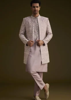 Lilac Silk Sherwani Set With Thread And Stone Work