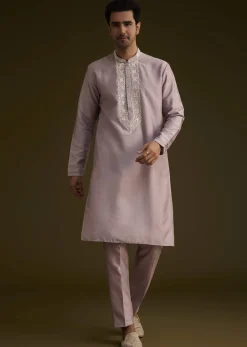 Lilac Silk Sherwani Set With Thread And Stone Work
